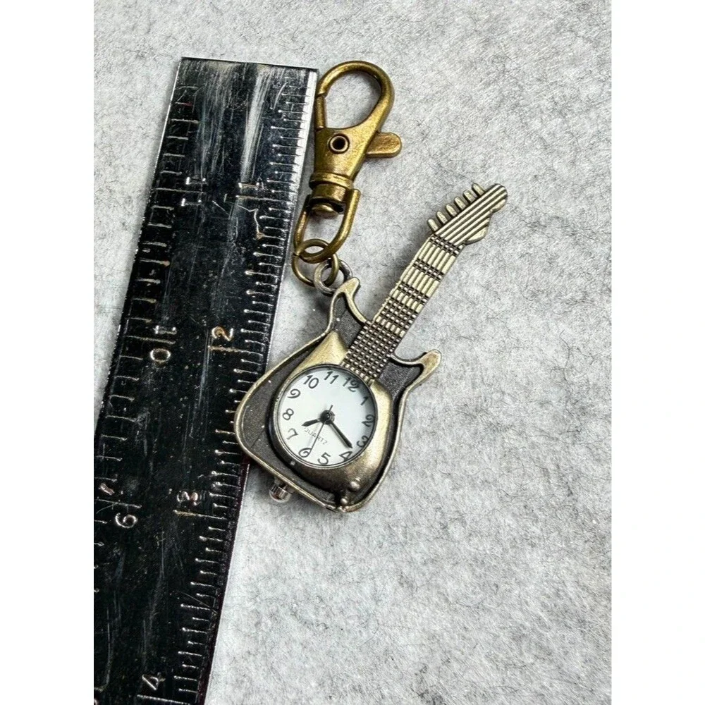 Novelty Guitar Quartz Watch Keychain Bronze Tone Musician Gift Not Working